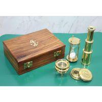 Ahşap Kutulu Dürbün, Kum Saati, Büyüteç, Pusula Seti