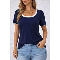 Kadın Kısa Kollu Yuvarlak Yakalı Beyaz şerit Detaylı Viskon Bluz
