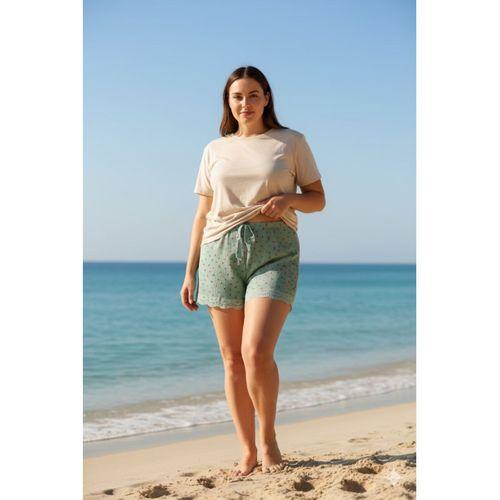 Düz Renk Mini Çiçek Desenli Penye Kadın Ev Şortu Bacak Dantel Detaylı Ev Giyim Yeşil