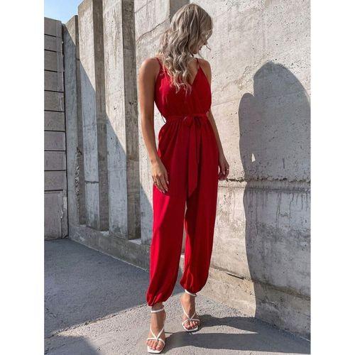 Kadın Ip Askılı Kruvaze Yakalı Belden Kuşaklı Uzun Sandy Tulum