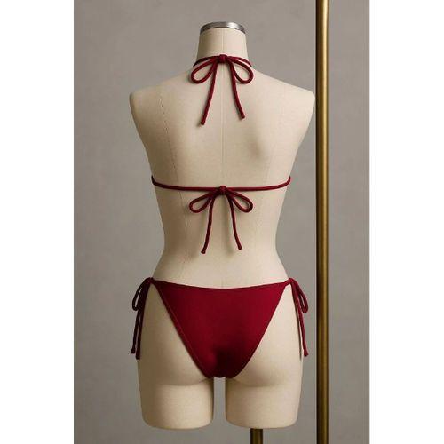 Bordo Üçgen Bikini Takımı Yandan Ve Boyundan Bağlamalı Esnek Kumaş Kadın Mayo Seti