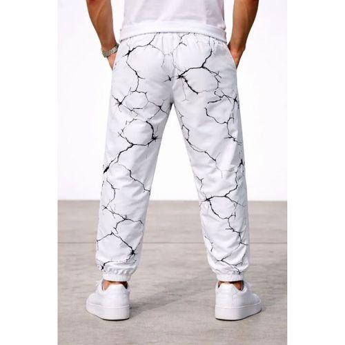 Erkek Dijital Baskılı Eşofman Altı Kışlık Üç İplik Şardonlu Kumaş Lastikli Paça, Cepli, Rahat Kalıp - Beyaz