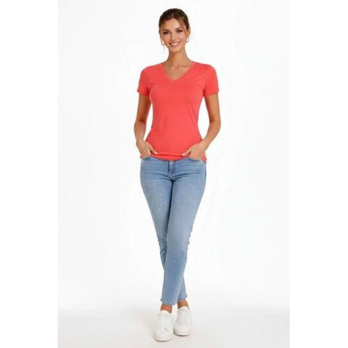 T-Shirt V Yaka Slim Fit Likralı Tişört Günlük Basic Body - Nar Çiçeği