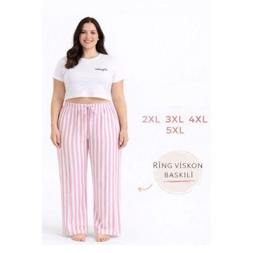 Viskon Pamuklu Kadın Büyük Beden Pudra Pembe Çizgili Pijama Pantolon - MGB004 - Mudanis