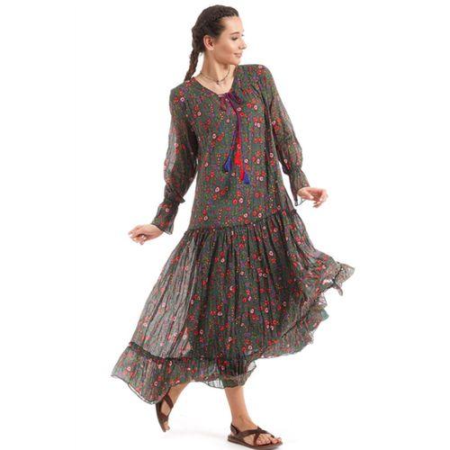 Şile Bezi Yeşil Uzun Kol Vual Çiçek Desenli Elbise