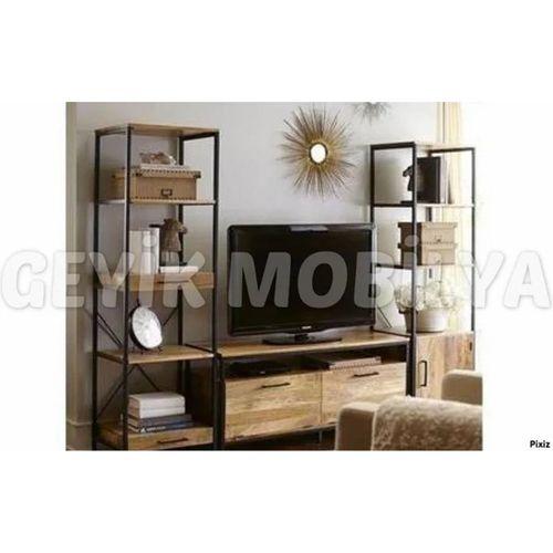 KİTAPLIKLI AHŞAP ESKİTME TV SEHPASI