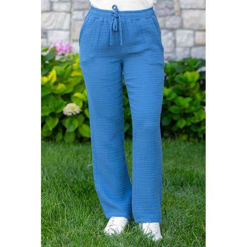 Beli Lastikli Multi Çift Cepli Müslin Kadın/Erkek Unisex Yazlık Pantolon İndigo indg