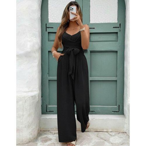 Kadın Ip Askılı V Yakalı Belden Kuşaklı Uzun Aerobin Tulum