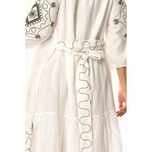 Yarım Kol Vual Yeşim Kemer Detaylı Nakışlı Kısa Yazlık Elbise Beyaz Byz