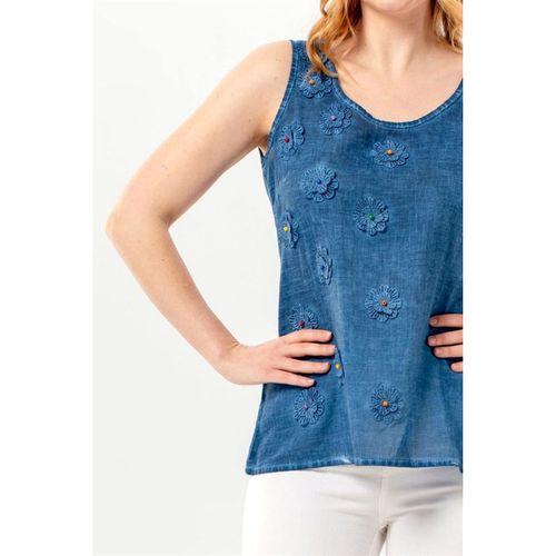 Kolsuz Devin Papatya Desenli Yazlık Poplin Bluz İndigo indg