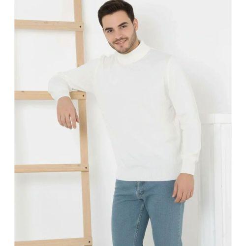 Erkek Yarım Boğaz Triko Kazak Yumuşak Dokulu Pamuklu Ince Dokuma, Uzun Kollu Rahat Regular Kalıp - Beyaz