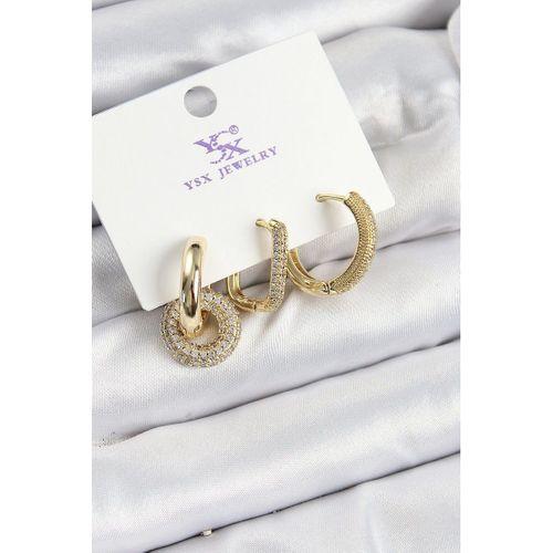 Pirinç Zİrkon Taşlı Halka Model Gold Renk 3'lü Kadın Küpe