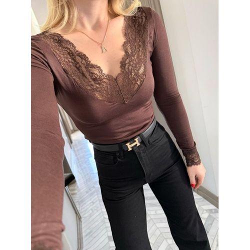 Kadın Uzun Kollu V Yaka Dantel Güpür Detay Bluz