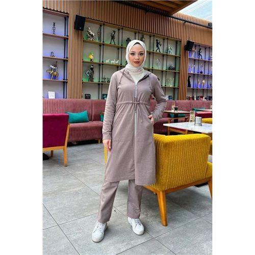Kapşonlu Belden Bağlamalı Fermuarlı Sade Basic Uzun Tunik ve Pantolon İkili Spor Takım - 03065.016 - Vizon