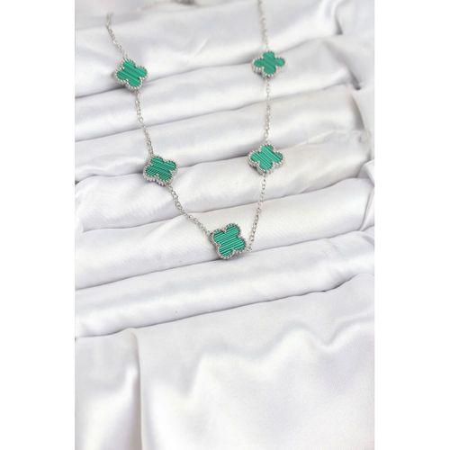 316L Çelik Zincir Gümüş Renk Yeşil Yonca Kadın Kolye