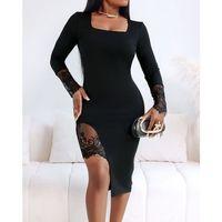 Kadın Uzun Kollu Geometrik Yakalı Dantel Detaylı Midi Ithal Krep Elbise