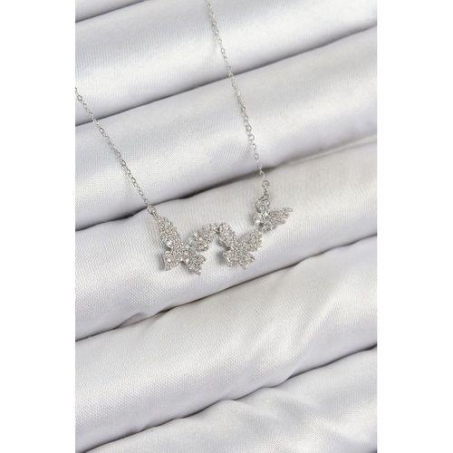 Pirinç Zirkon Taşlı Kelebek Model Gümüş Renk Kadın Kolye