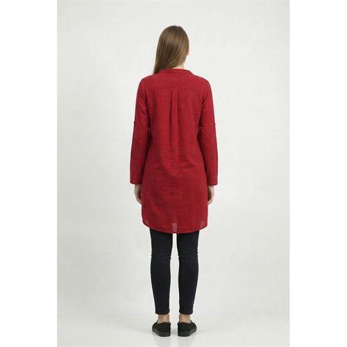 Uzun Kol Sevim Düğmeli Klasik Yaka Çift Cepli Şile Bezi Nakışlı Tunik Bordo Brd