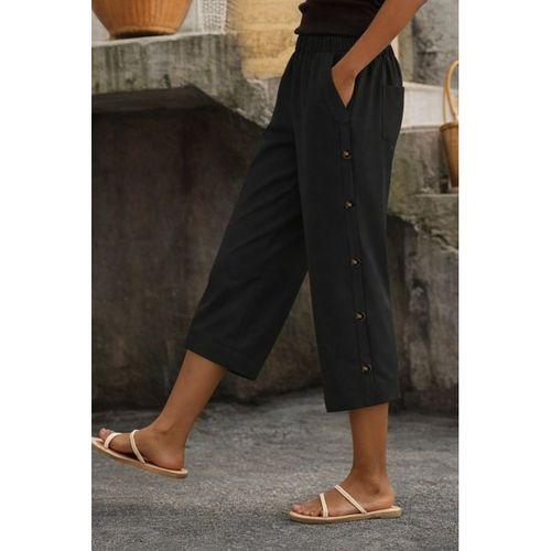 Kadın Yüksel Bel Lastikli Yandan Dügme Detaylı Midi Pantolon