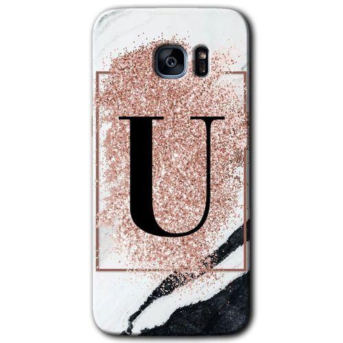 Potkal Hediye Fabrikası Samsung Galaxy S7 Edge HD Baskılı Kılıf + 9D Tam Ekran Koruyucu - Pembe Mermer Desenli U Harf