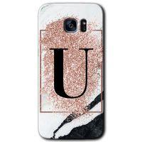 Potkal Hediye Fabrikası Samsung Galaxy S7 Edge HD Baskılı Kılıf + 9D Tam Ekran Koruyucu - Pembe Mermer Desenli U Harf