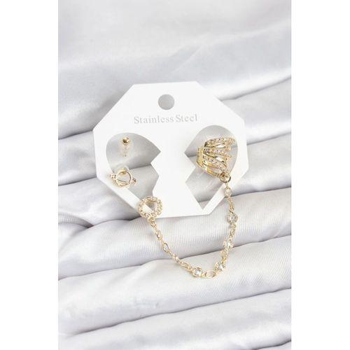 Uzay Model Pirinç Gold Renk Zincir Bağlantılı Ear Cuff Küpe Seti