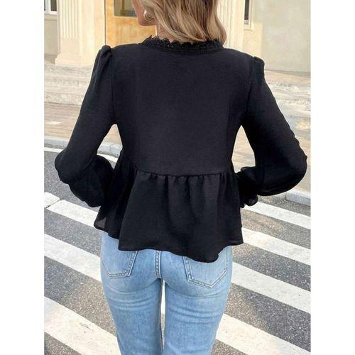 Kadın Uzun Kollu V Dantel Yaka Aerobin Bluz