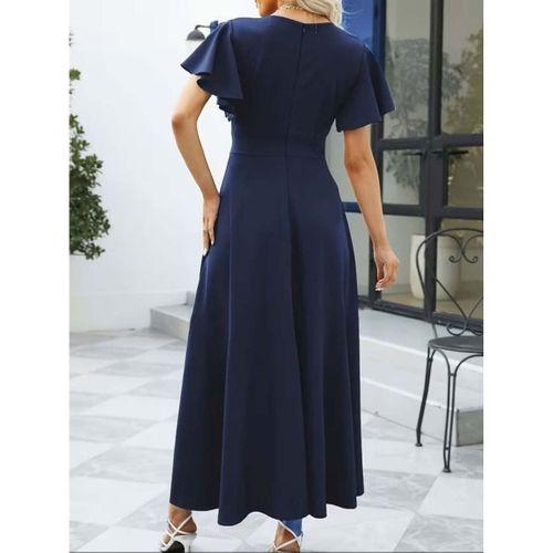 Kadın Kısa Kollu Kruvaze Yakalı ön Asimetrik Volanlı Uzun Ithal Krep Elbise