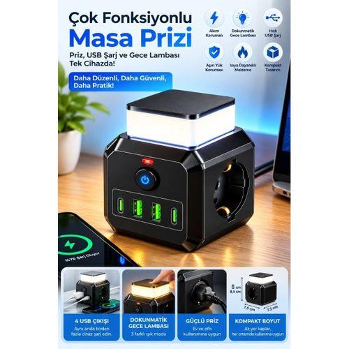 Akım Korumalı 3’lü Priz 2200w 1050j 10a Gece Lambalı 2 Usb 2 Type-c Şarj Girişli Bsp-4