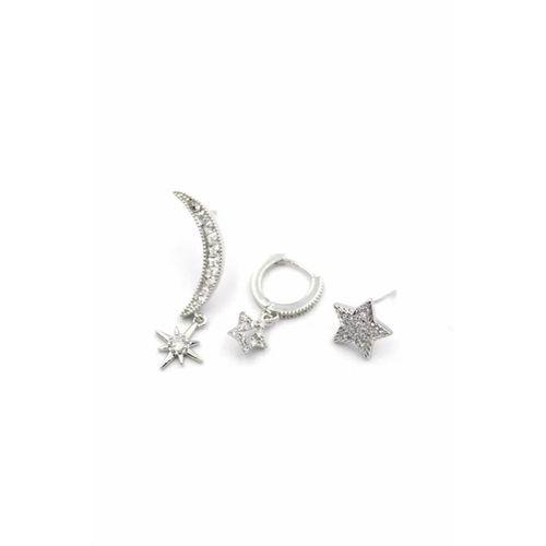 3'lü Hilal Yıldız Küpe - Gümüş
