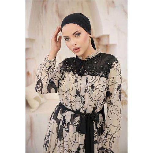 Boyun ve Belden Bağcıkllı Desenli Uzun Şifon Elbise - 50013.026 - Bej