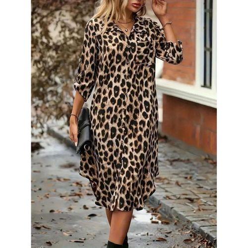 Kadın Uzun Kollu Yakalı önden Düğmeli Leopar Desenli Modal Midi Elbise