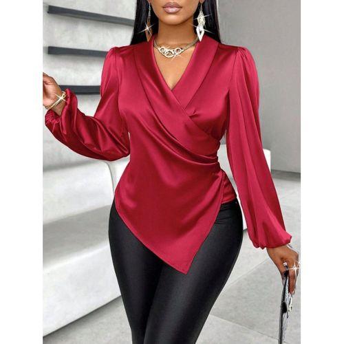Kadın Uzun Kollu Kruvaze Yakalı Asimetrik Saten Bluz