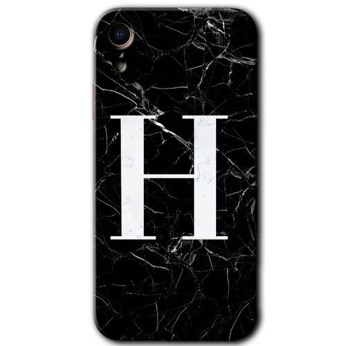 iPhone XR Kılıf HD Desen Baskılı Arka Kapak - Siyah Mermer Desenli H Harfi + Kırılmaz Cam
