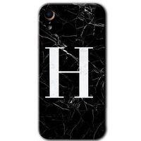 iPhone XR Kılıf HD Desen Baskılı Arka Kapak - Siyah Mermer Desenli H Harfi + Kırılmaz Cam