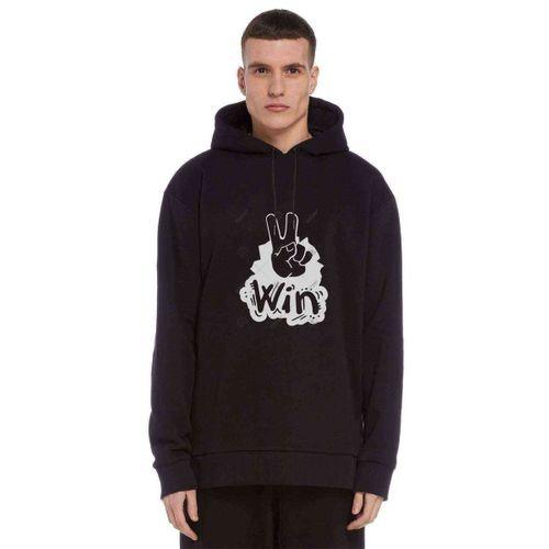 Peace Win Baskılı Siyah Erkek Kapşonlu Sweatshirt