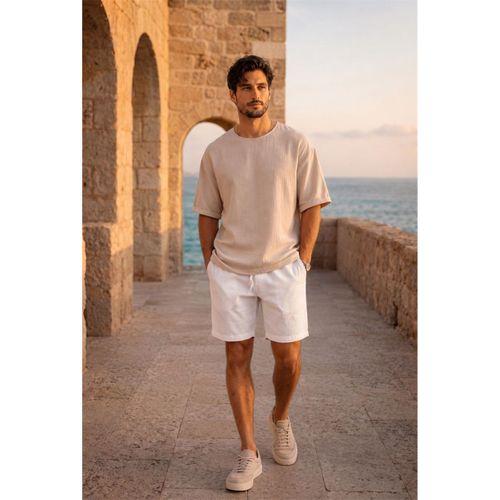 Godard Relax Fit %100 Pamuk Müslin Kumaş Duble Kol Bisiklet Yaka Erkek T-Shirt - Orta Bej