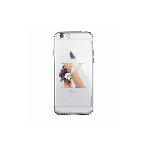 iPhone 6 Plus / 6s Plus Şeffaf Kılıf Gold Renkli Çiçekli K Harfli Desenli