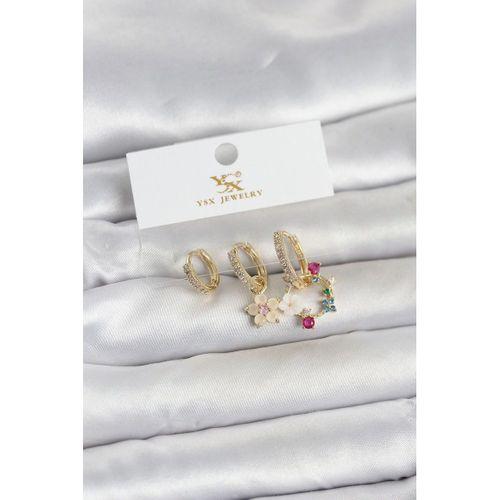 Pirinç Gold Renk Çiçek Model 3'lü Kadın Küpe