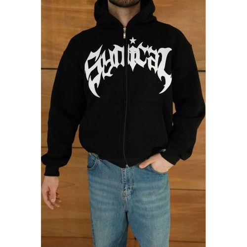 Erkek Kapüşonlu Sweatshirt  Hoodie 3 İplik Şardonlu Pamuklu Kumaş, Önü Baskılı, Fermuarlı Rahat Kalıp, Kışlık Ve Sokak Stili Sweat - Siyah