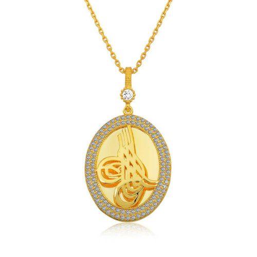 Lucky Life 925 Ayar Gumuss  Gold Tuğralı Oval Bayan Kolye