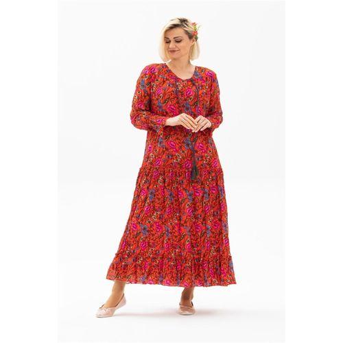 Uzun Kol Vual Gonca Uzun Yazlık Elbise Gelincik Desen Kırmızı 6160