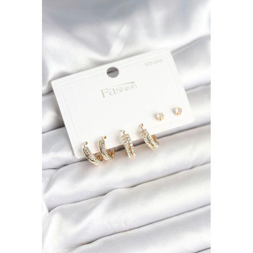 Pirinç Gold Renk Zirkon Taşlı 925 Gümüş Çivili Kadın Küpe Seti