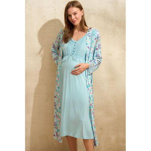 Sıfır Kol V Yaka Viskon Çiçek Desenli Yazlık Uzun Dantel Detaylı Hamile Gecelik Sabahlık