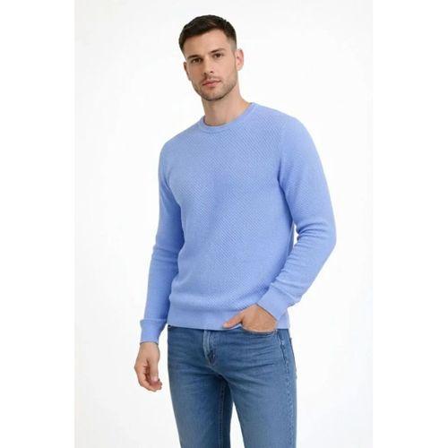 Erkek Bisiklet Yaka Petekli Dokulu Triko Kazak Pamuklu Ince Dokuma, Uzun Kollu Rahat Regular Kalıp - Mavi