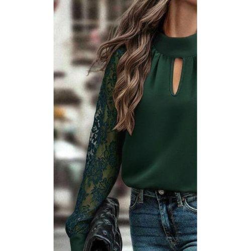 Kadın Uzun Kollu Göğüs Pencere Detay Yaka Boğazlı Kolları Tüllü Sandy Bluz