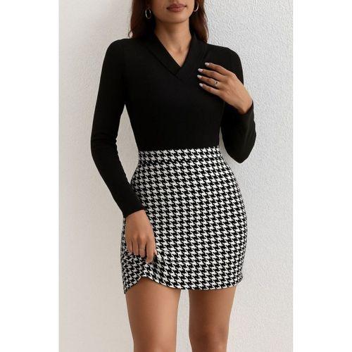 Kadın Uzun Kollu V Yakalı Kaz Ayağı Desenli şardonlu Dalgıç Elbise