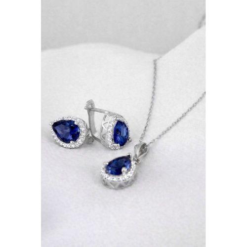 Damla Model Safir Mavisi Zirkon Taşlı Gümüş Kadın Kolye Küpe Seti