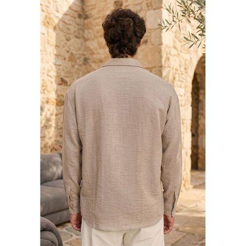 Pera Kumaş Keten Görünümlü Yarım Oversize Uzun kollu Erkek Gömlek- Bej