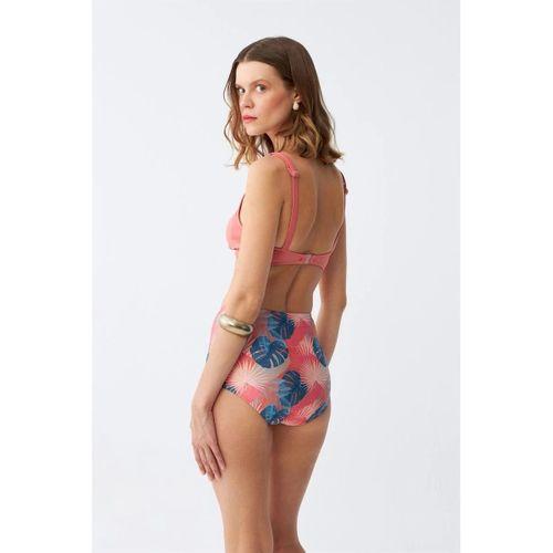 Kadın Somon Pedli Üst Ve Tropik Desenli Yüksek Bel Bikini Takımı